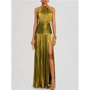 Metallic Pleated Maxi Gown -Glitter Green Halter Neck Slit Maxi